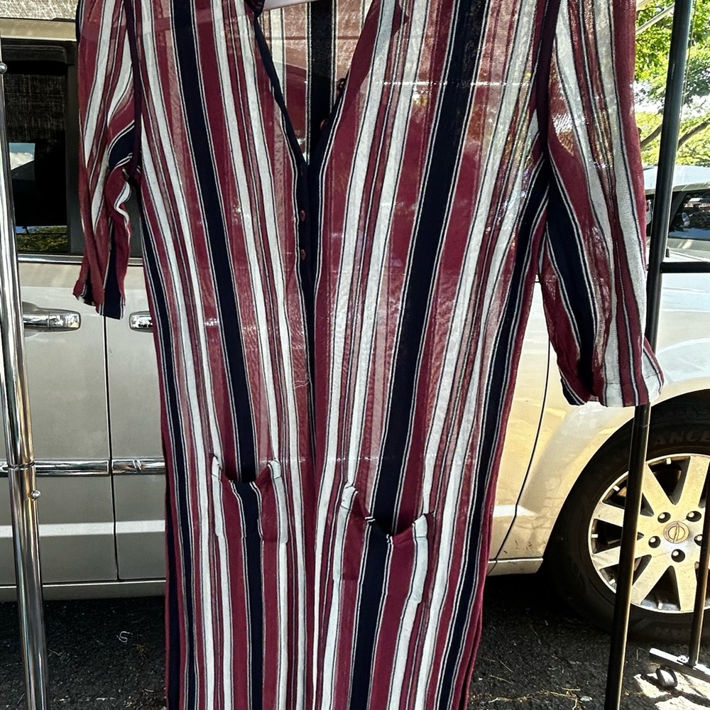 CHANEL Burgundy and White Striped sheer  V neck button down Dress Authentic sz40